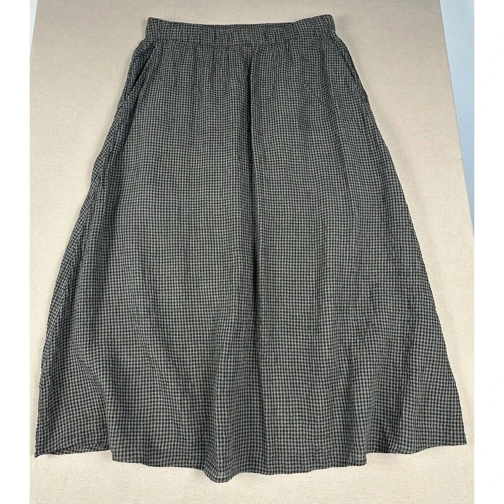 Eileen Fisher Organic Linen Gingham Check Pocket Skirt Sz M Lagenlook Layering